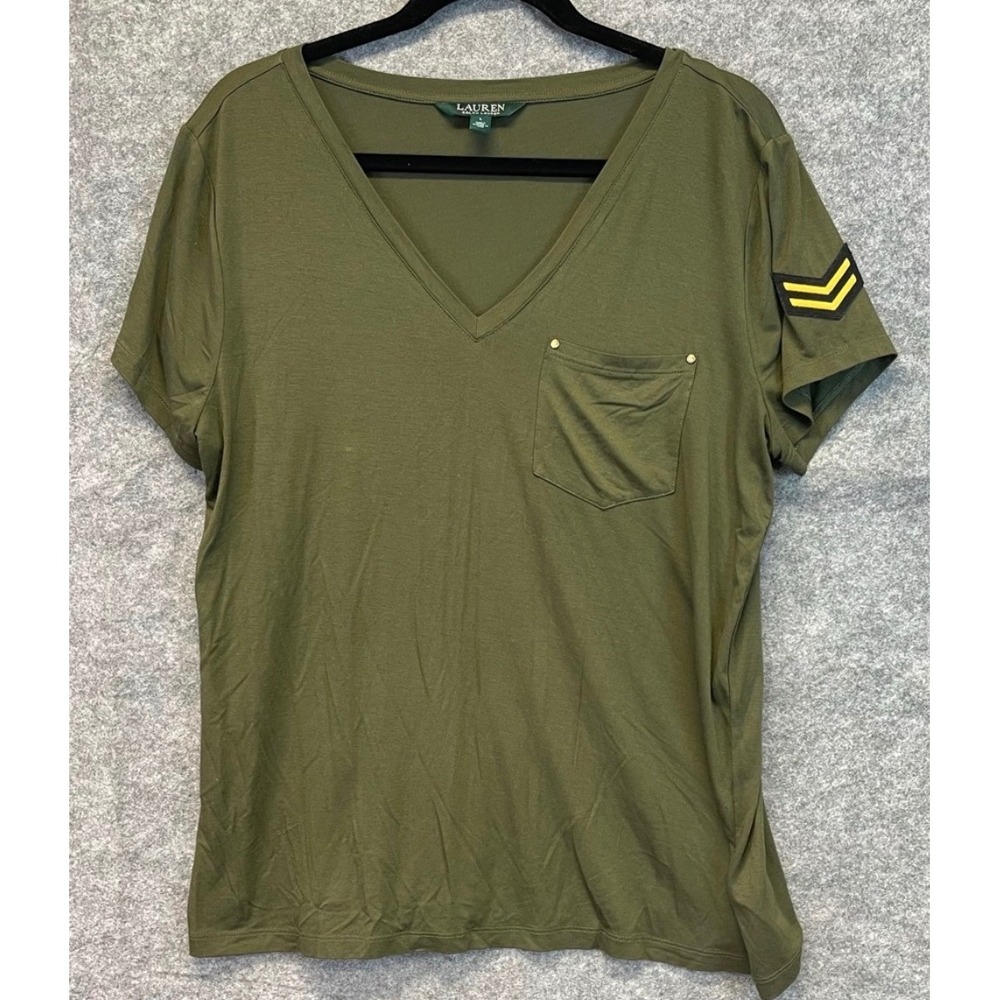 LAUREN Ralph Lauren T-Shirt Womens Large Olive Green Military V-Neck Pocket Tee